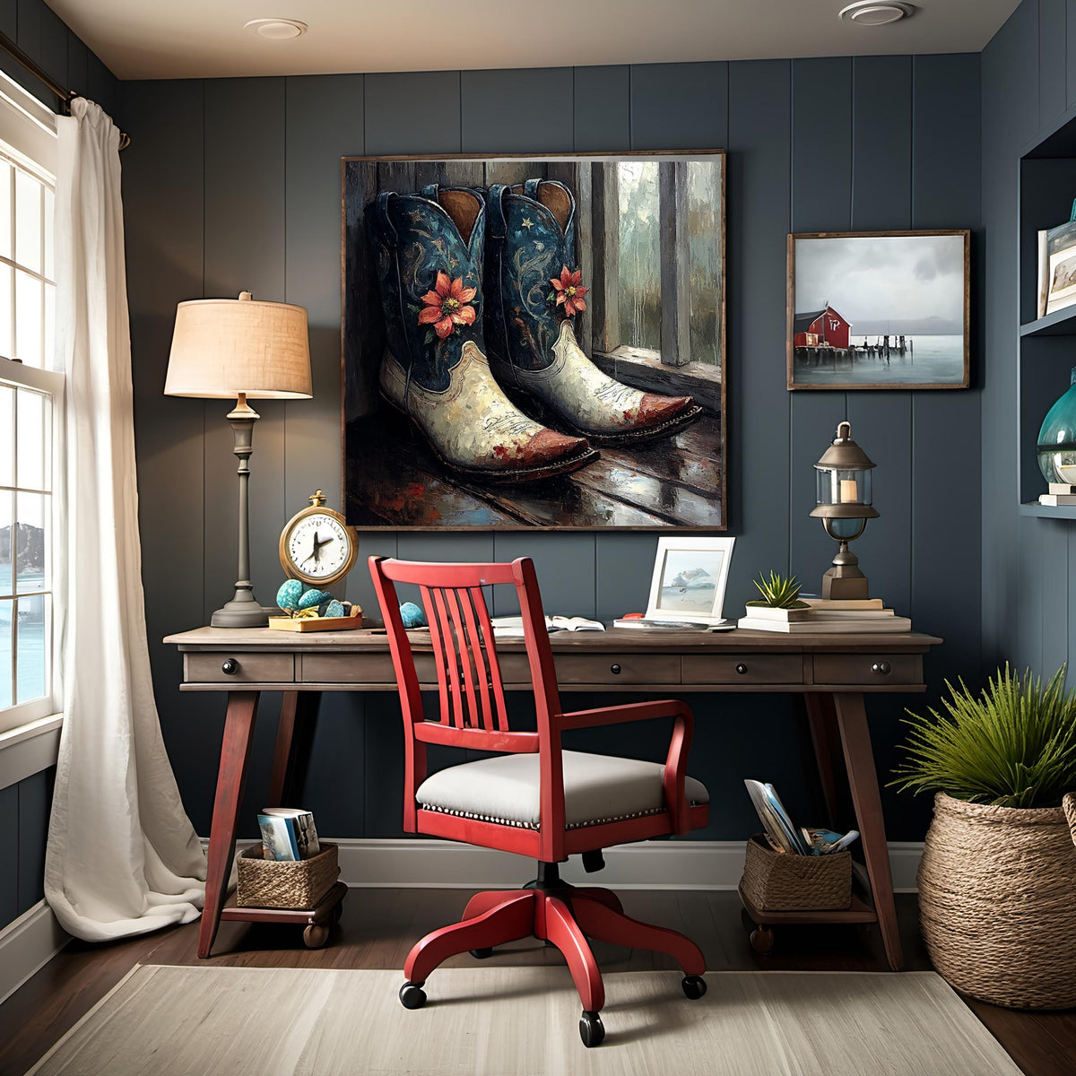 Patriotic Poinsettia Cowboy Boots Wall Art (Digital Download) – Rustic Americana Western Decor