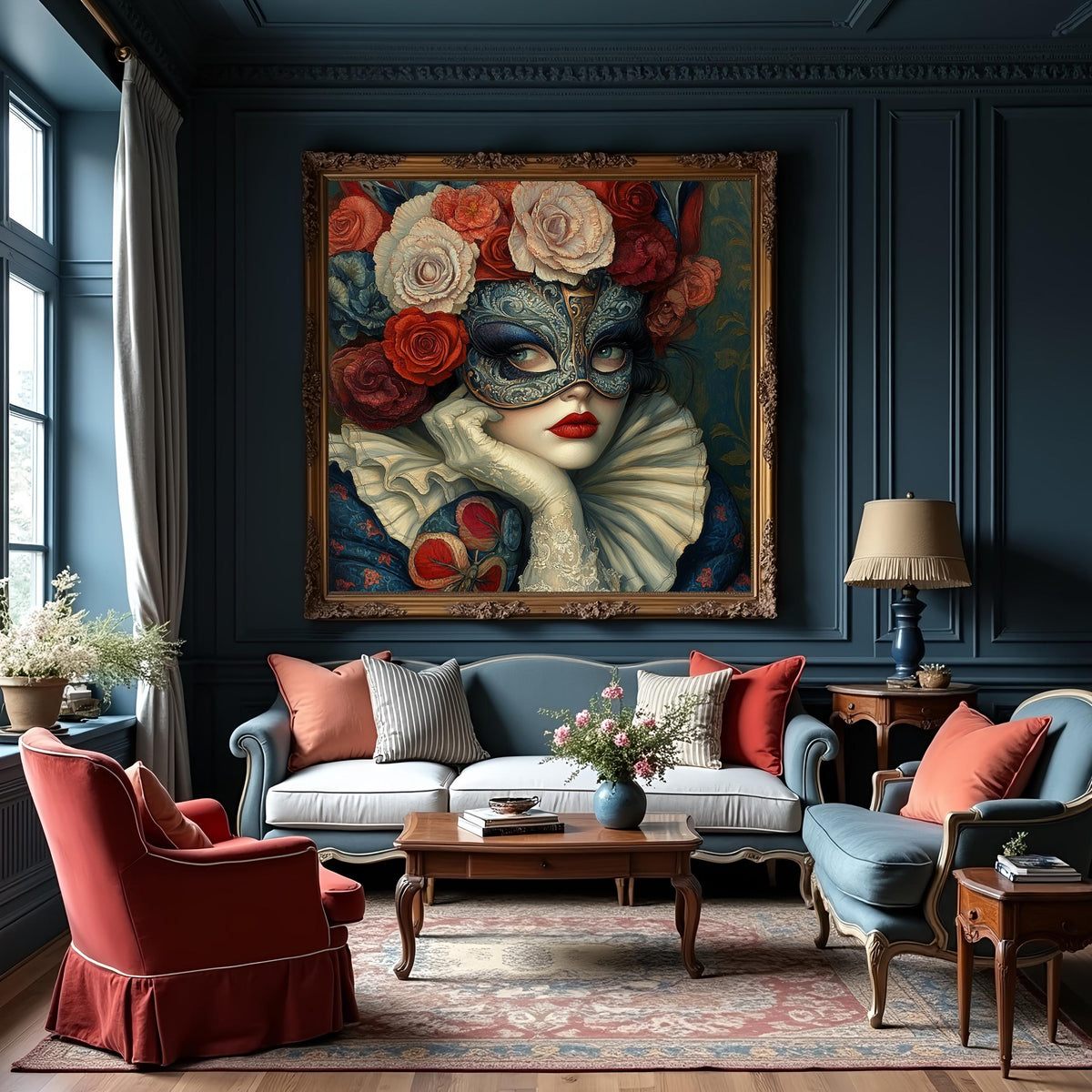 Patriotic Rose Masquerade Art Nouveau Floral Mask Portrait Americana Wall Art (Digital Download)