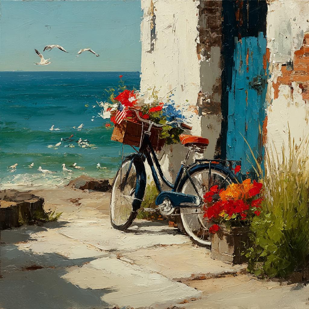 Patriotic Coastal Bicycle by the Sea Beach Cottage Americana Summer Art (Digital Download)