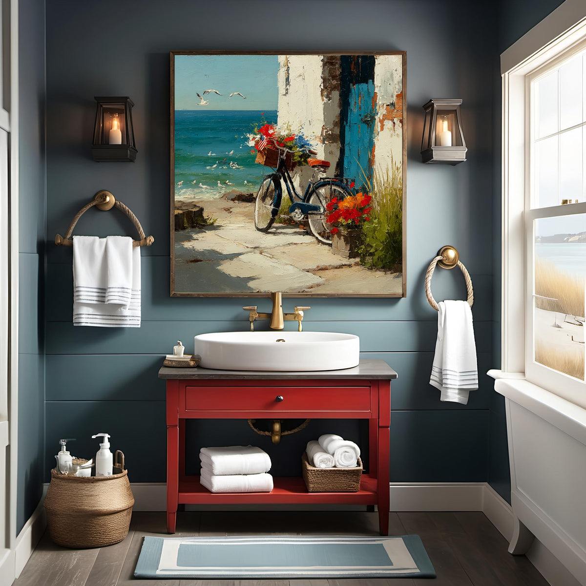 Patriotic Coastal Bicycle by the Sea Beach Cottage Americana Summer Art (Digital Download)