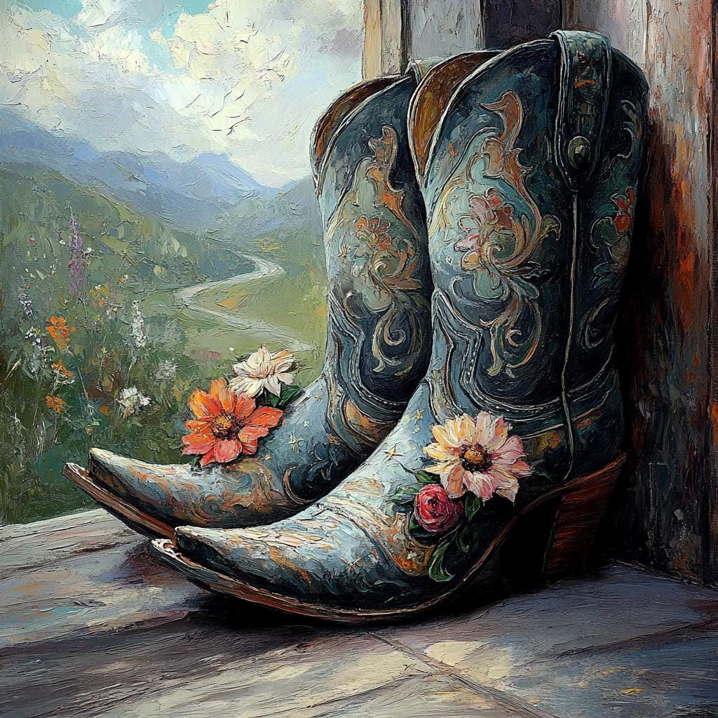 Where the Wildflowers Grow Vintage Cowboy Boots Western Landscape Art Nouveau Wall Art (Digital Download)