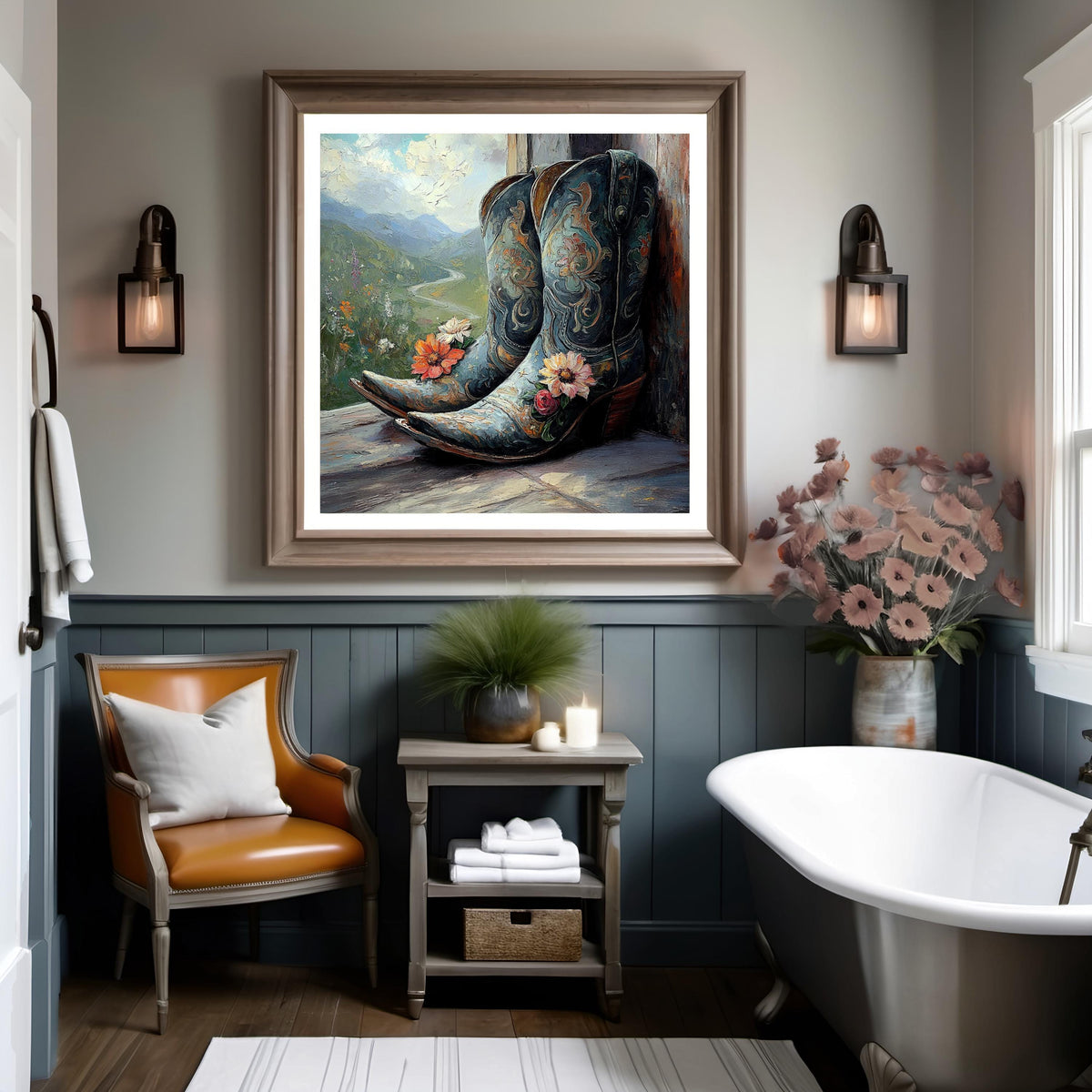 Where the Wildflowers Grow Vintage Cowboy Boots Western Landscape Art Nouveau Wall Art (Digital Download)