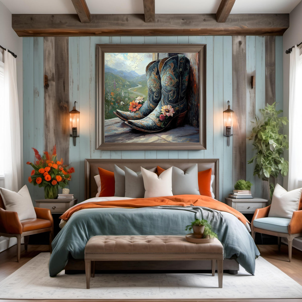 Where the Wildflowers Grow Vintage Cowboy Boots Western Landscape Art Nouveau Wall Art (Digital Download)