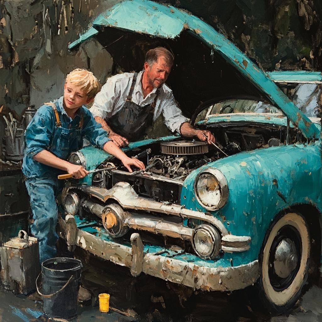 Father Son Oil Painting Art Print: Nostalgic Vintage Car Repair (Digital Download)