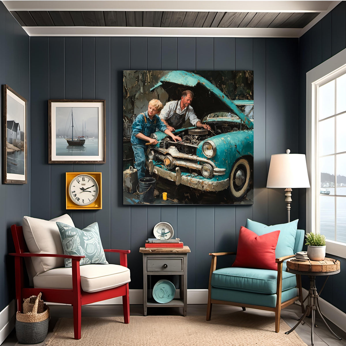 Father Son Oil Painting Art Print: Nostalgic Vintage Car Repair (Digital Download)