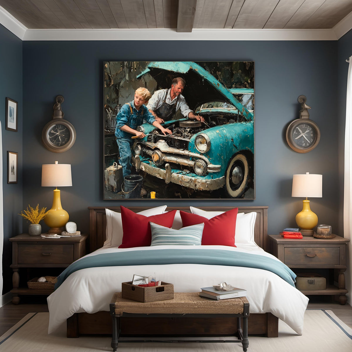 Father Son Oil Painting Art Print: Nostalgic Vintage Car Repair (Digital Download)