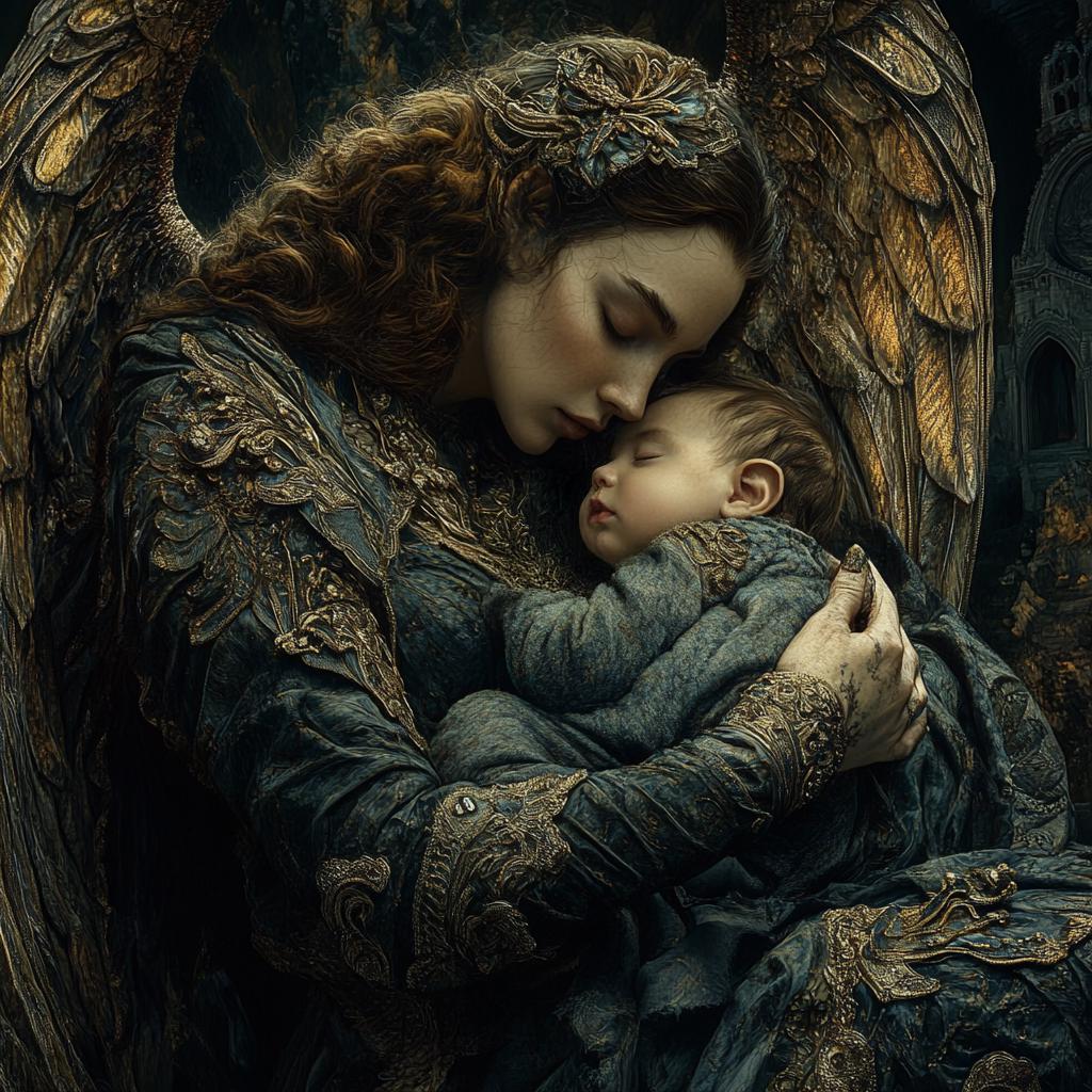 Dark Fantasy Angel Mother Child Wall Art – Celestial Protection (Digital Download)