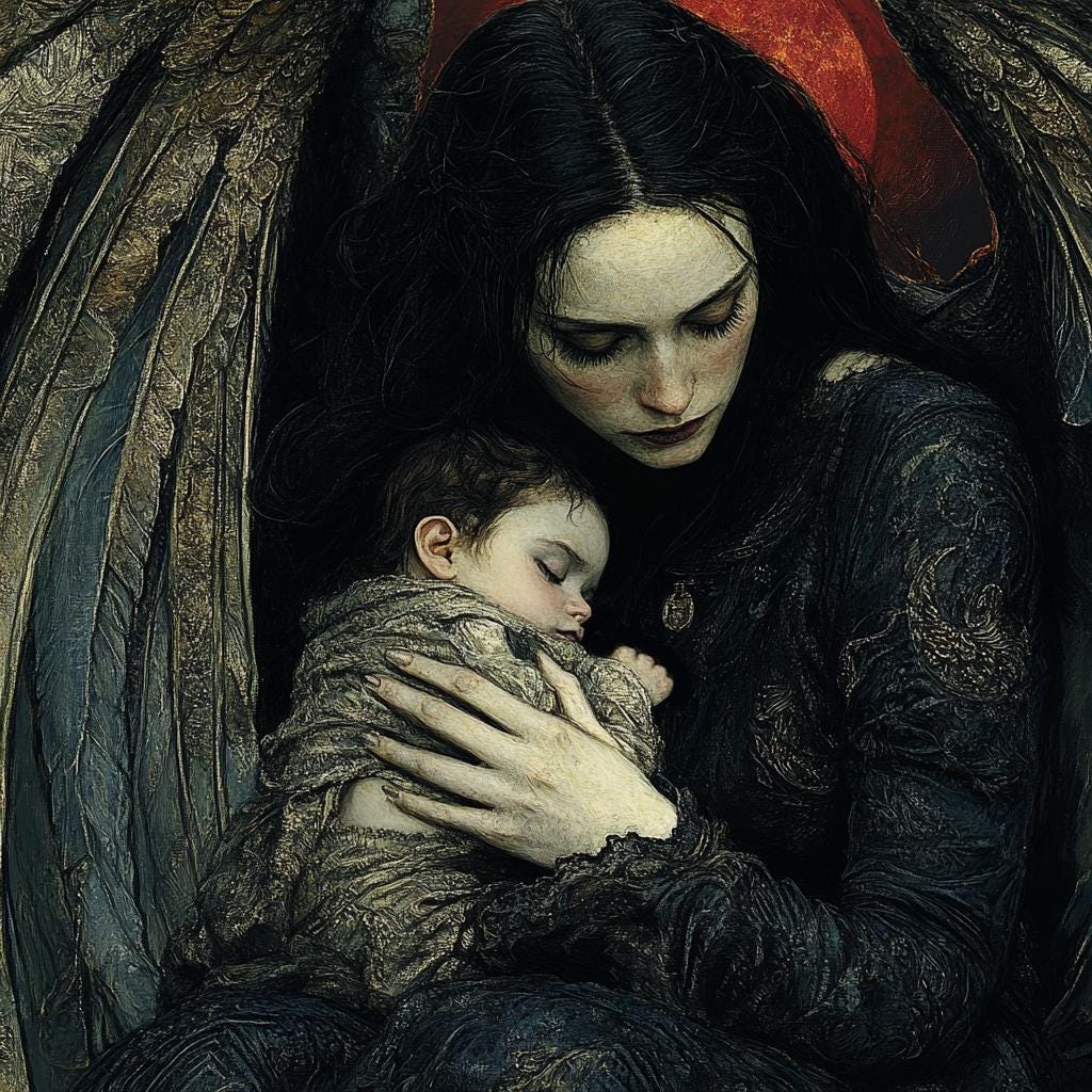 Guardian of the Forgotten Dark Angel Mother and Child Gothic Fantasy Wall Art (Digital Download)
