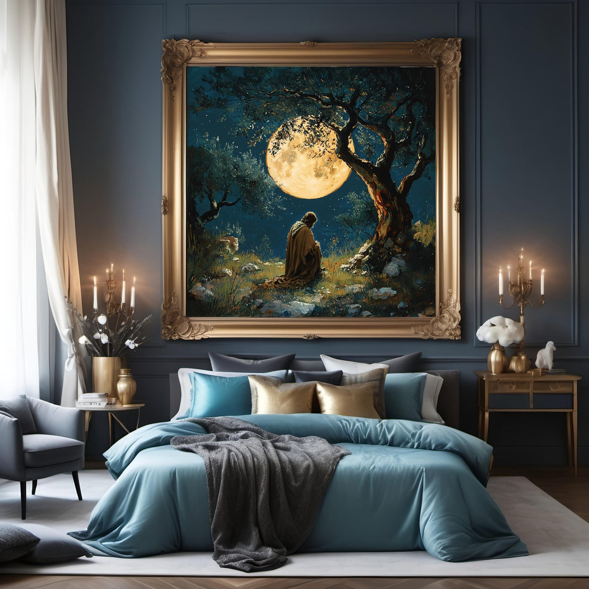 Moonlit Prayer Oil Painting: Spiritual Christian Faith Art (Digital Download)