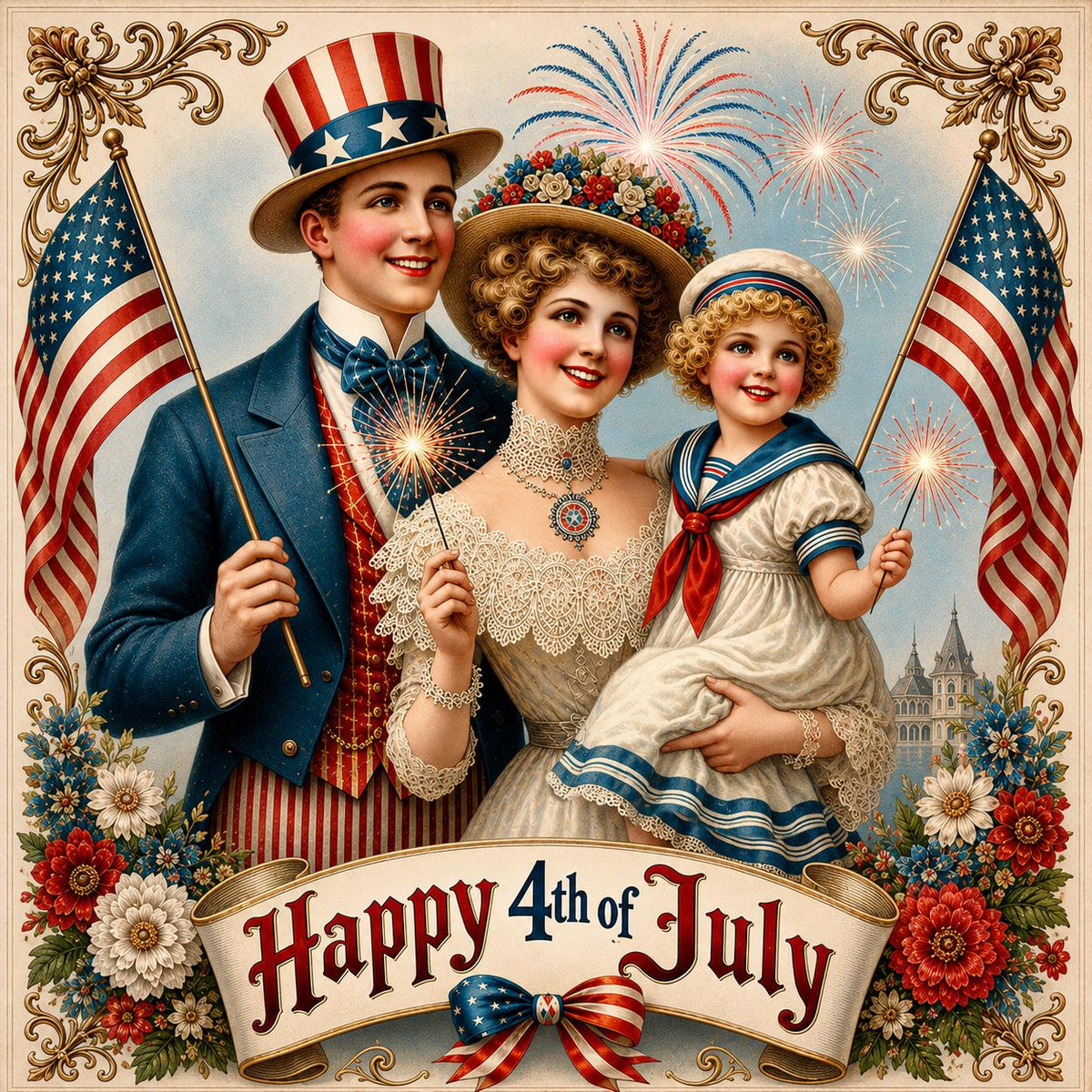 Happy 4th of July Victorian Patriotic Family American Flag Fireworks Vintage Art (Digital Download)