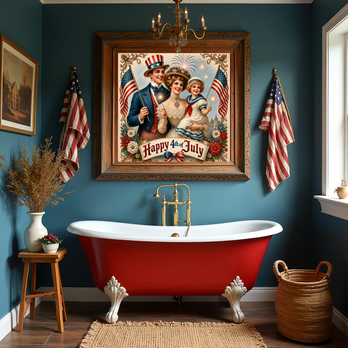 Happy 4th of July Victorian Patriotic Family American Flag Fireworks Vintage Art (Digital Download)