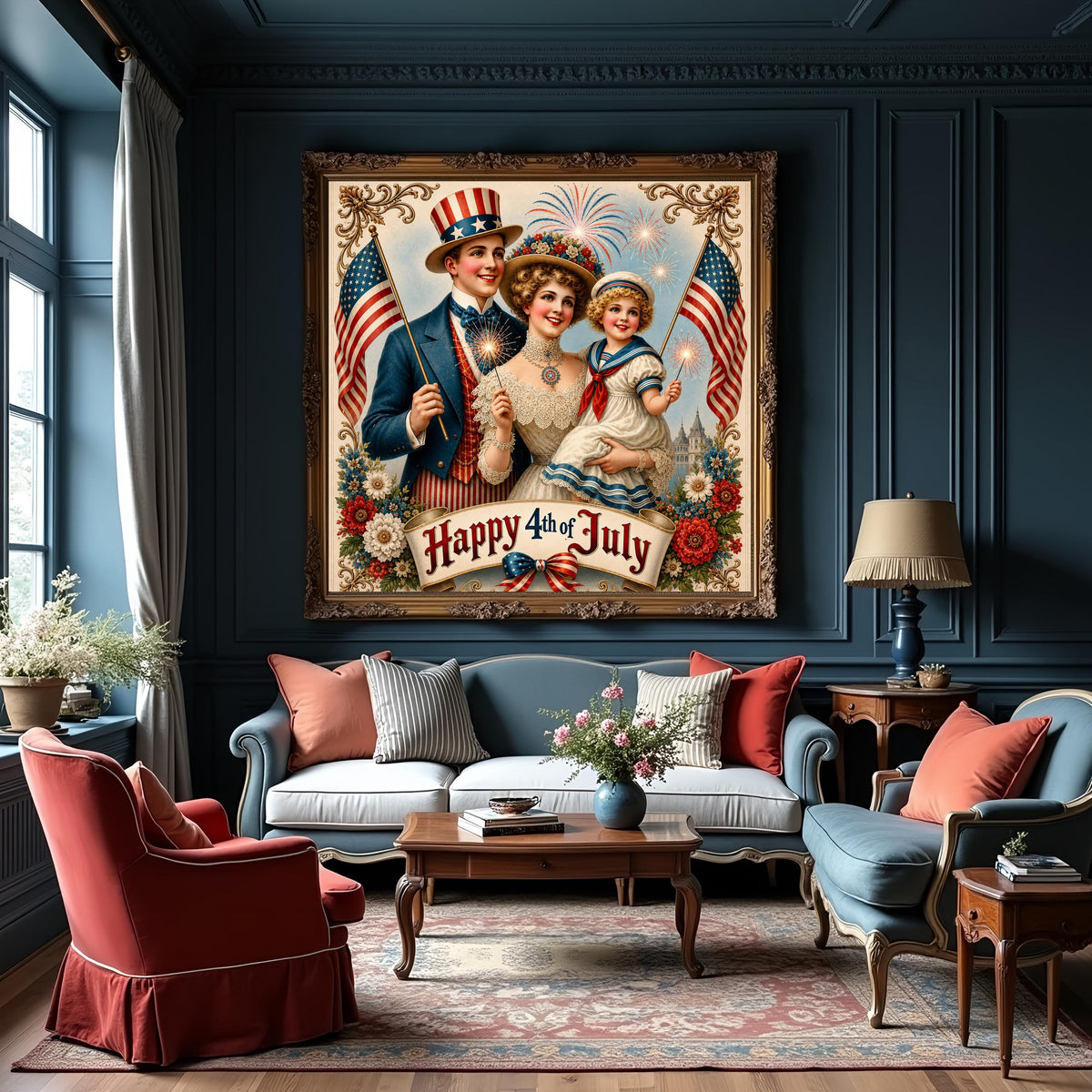 Happy 4th of July Victorian Patriotic Family American Flag Fireworks Vintage Art (Digital Download)