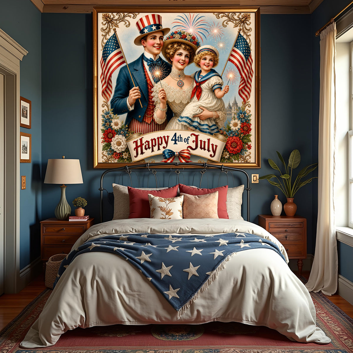 Happy 4th of July Victorian Patriotic Family American Flag Fireworks Vintage Art (Digital Download)