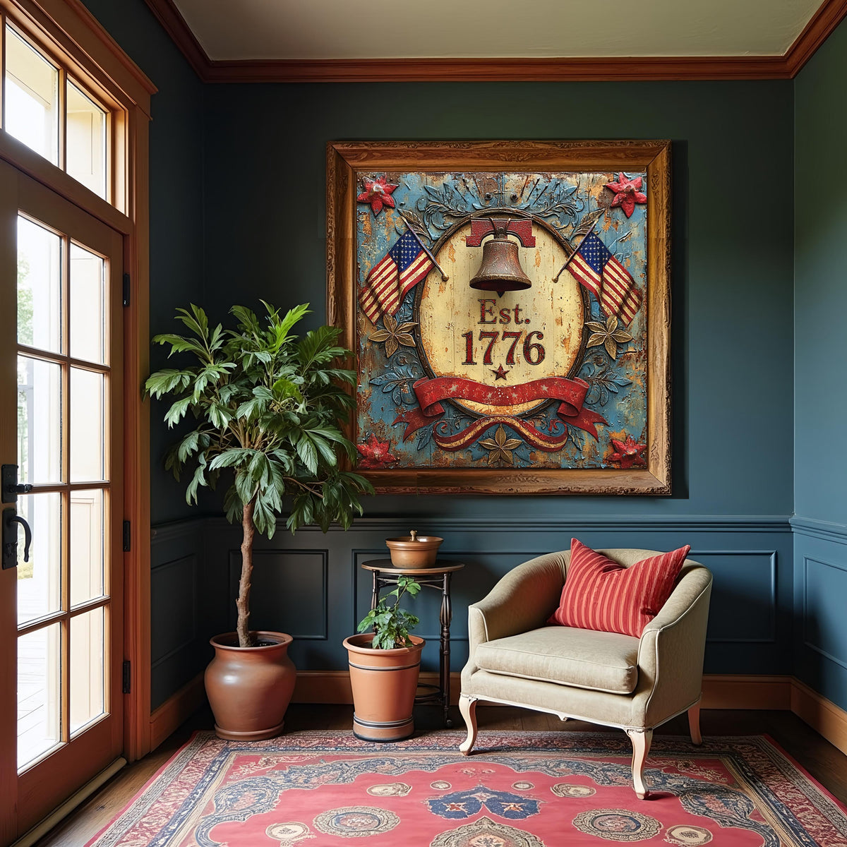 Est 1776 Patriotic Liberty Bell Sign American Flag Vintage Americana Wall Art (Digital Download)