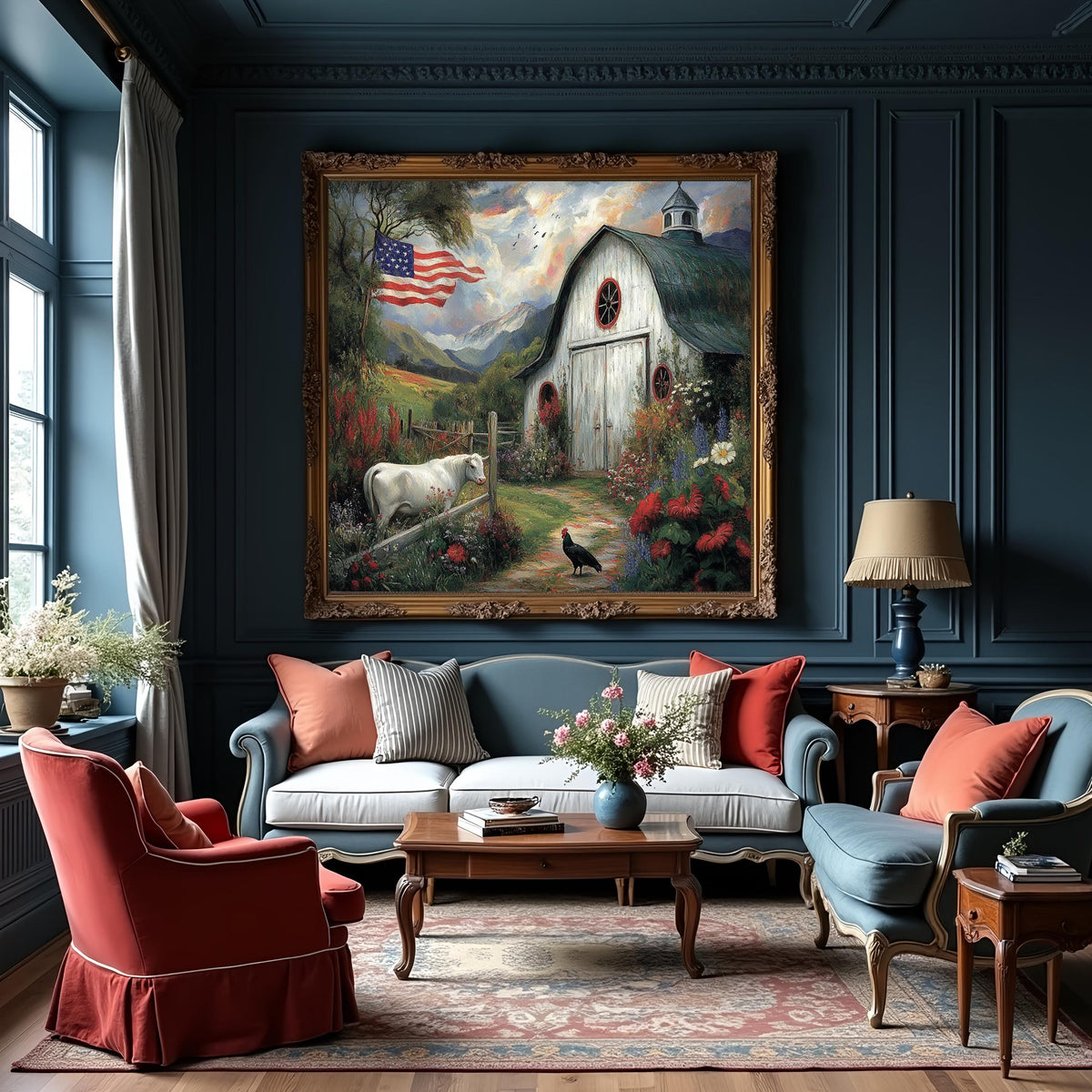 American Heartland Barn Patriotic Farmhouse Landscape American Flag Country Cottage Wall Art (Digital Download)