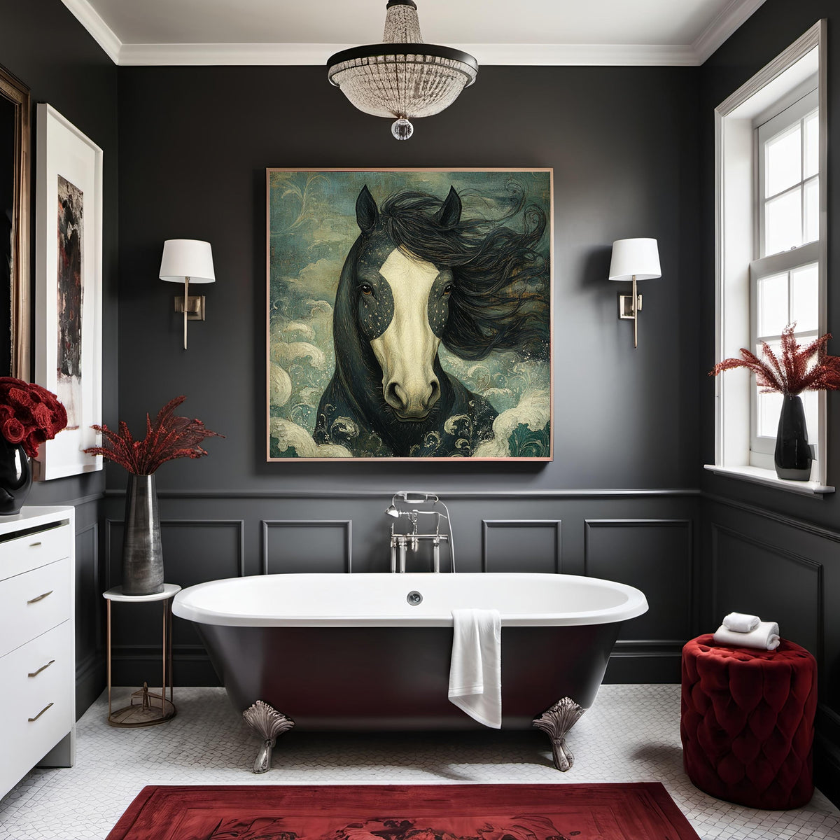Midnight Tide Black Horse Wall Art Ocean Fantasy Equine Painting Coastal Dreamscape (Digital Download)