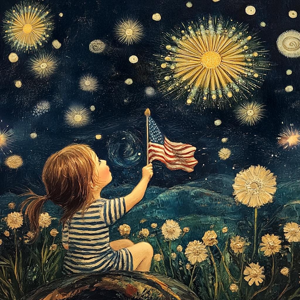 Patriotic Child with American Flag Art Fourth of July Fireworks Wall Art Americana (Digital Download)