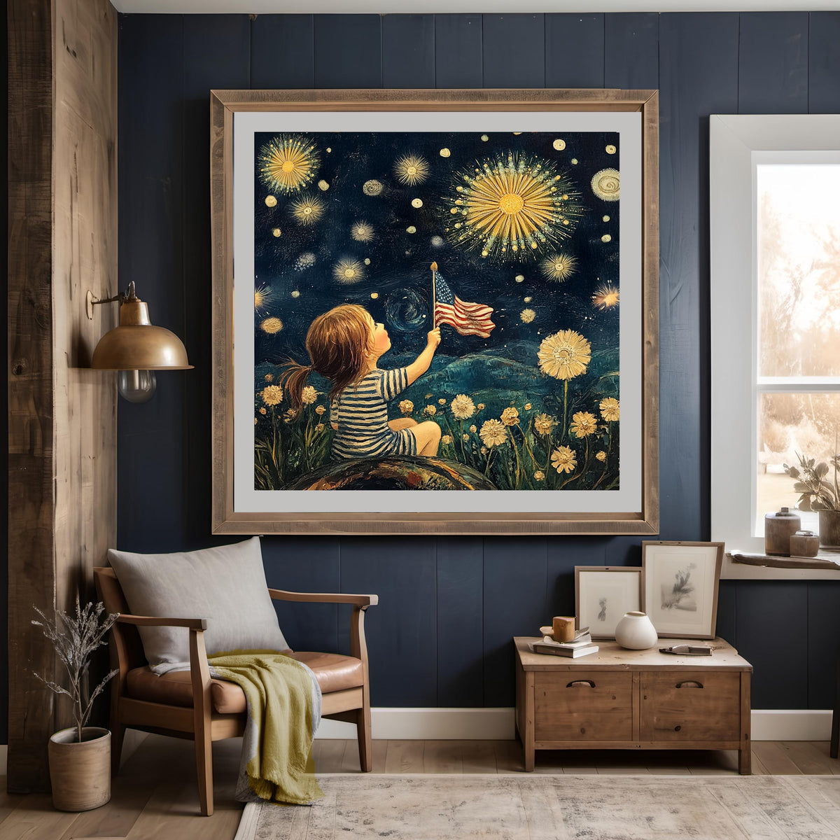 Patriotic Child with American Flag Art Fourth of July Fireworks Wall Art Americana (Digital Download)