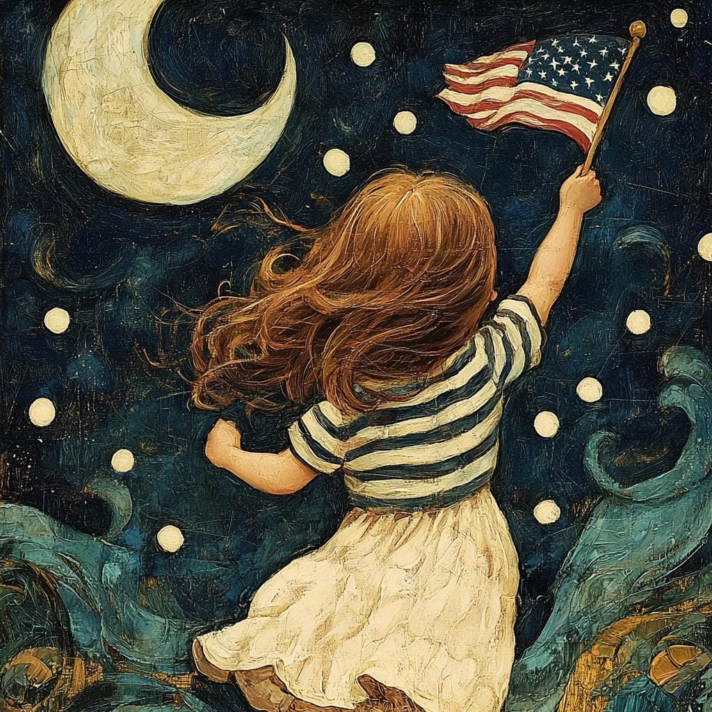Patriotic Girl with American Flag Art Print Fourth of July Wall Art Americana Child Decor (Digital Download)