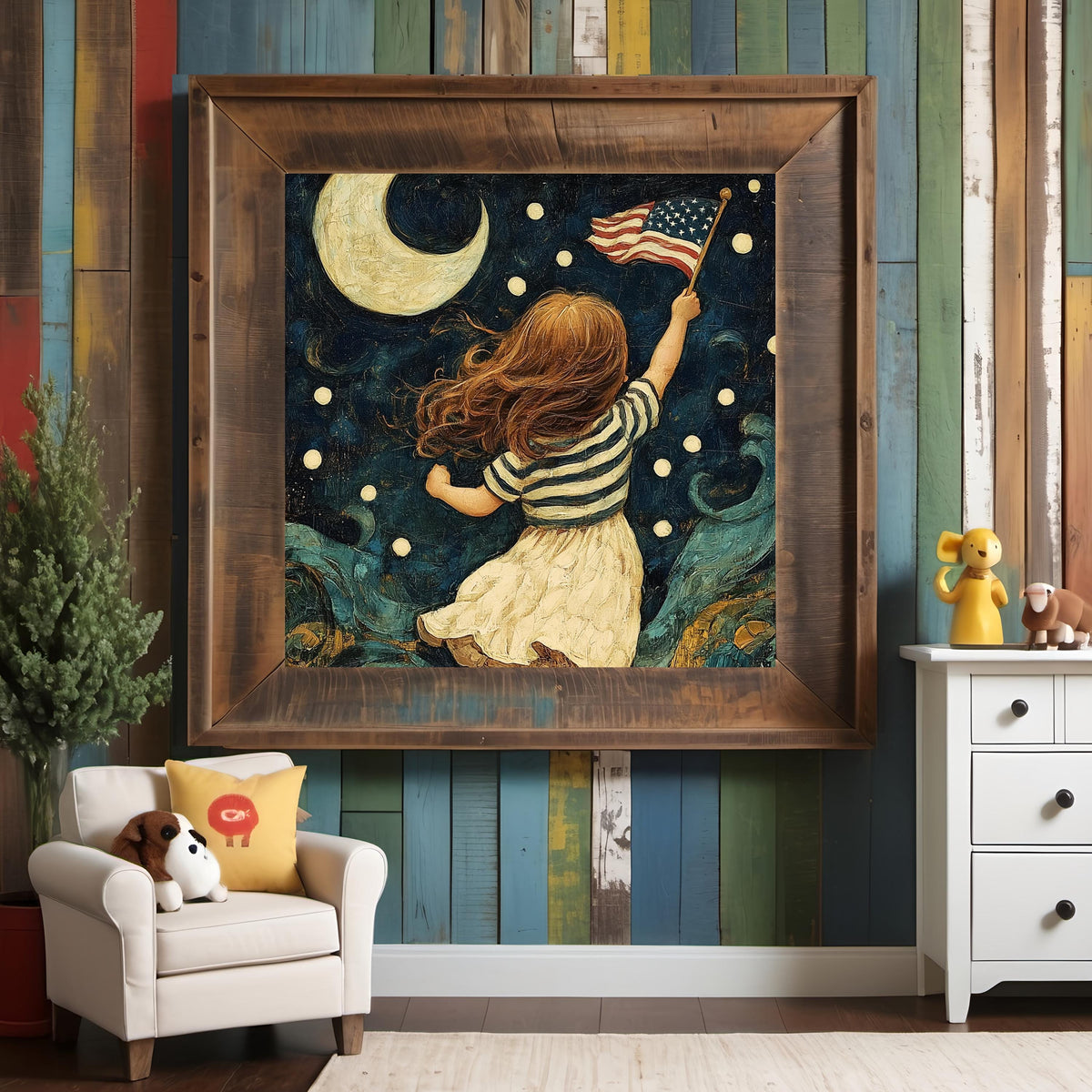 Patriotic Girl with American Flag Art Print Fourth of July Wall Art Americana Child Decor (Digital Download)