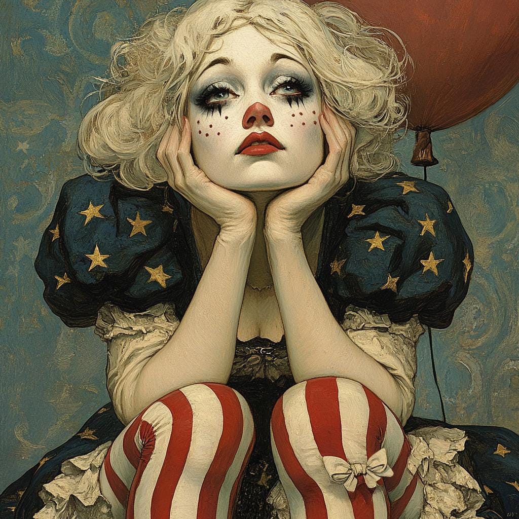 Patriotic Daydream Harlequin Americana Clown Portrait Art Nouveau Wall Art (Digital Download)