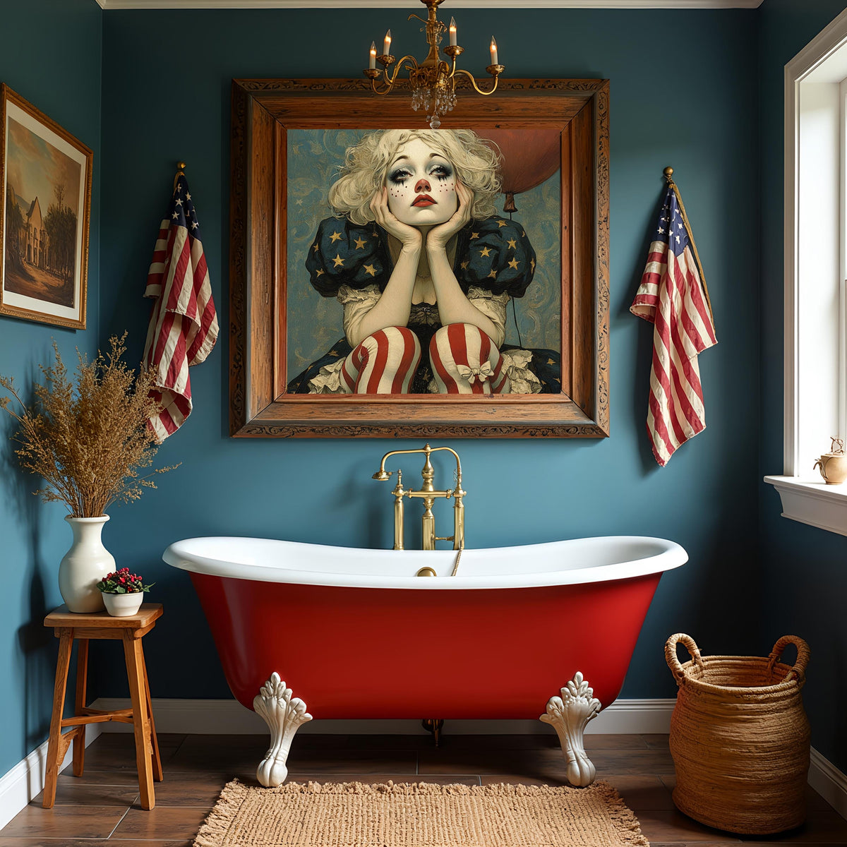 Patriotic Daydream Harlequin Americana Clown Portrait Art Nouveau Wall Art (Digital Download)