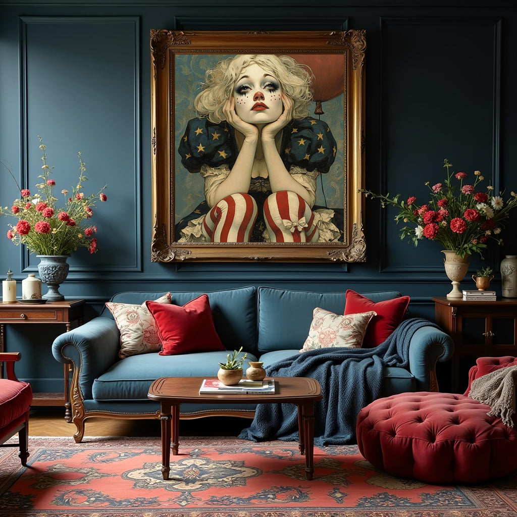 Patriotic Daydream Harlequin Americana Clown Portrait Art Nouveau Wall Art (Digital Download)