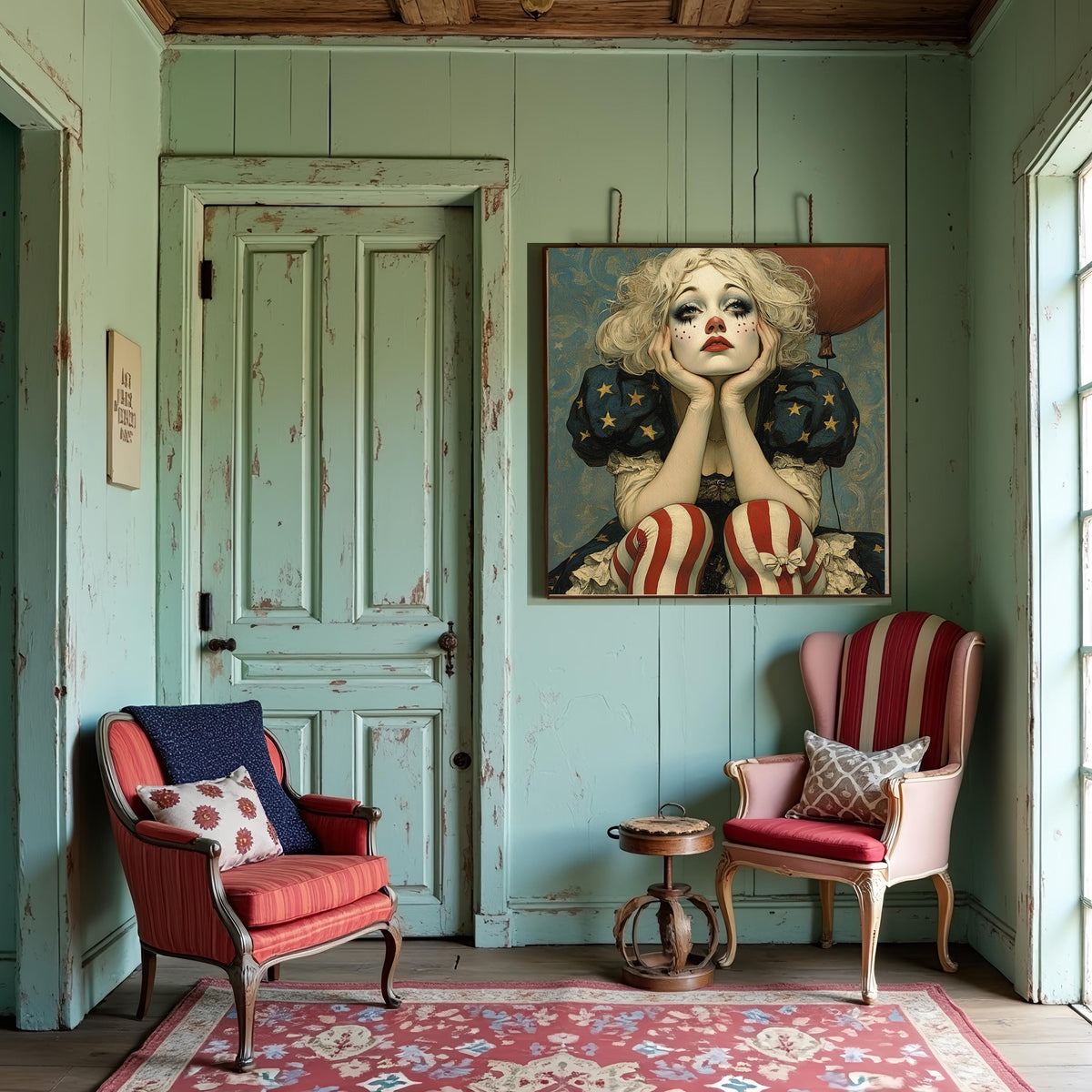 Patriotic Daydream Harlequin Americana Clown Portrait Art Nouveau Wall Art (Digital Download)
