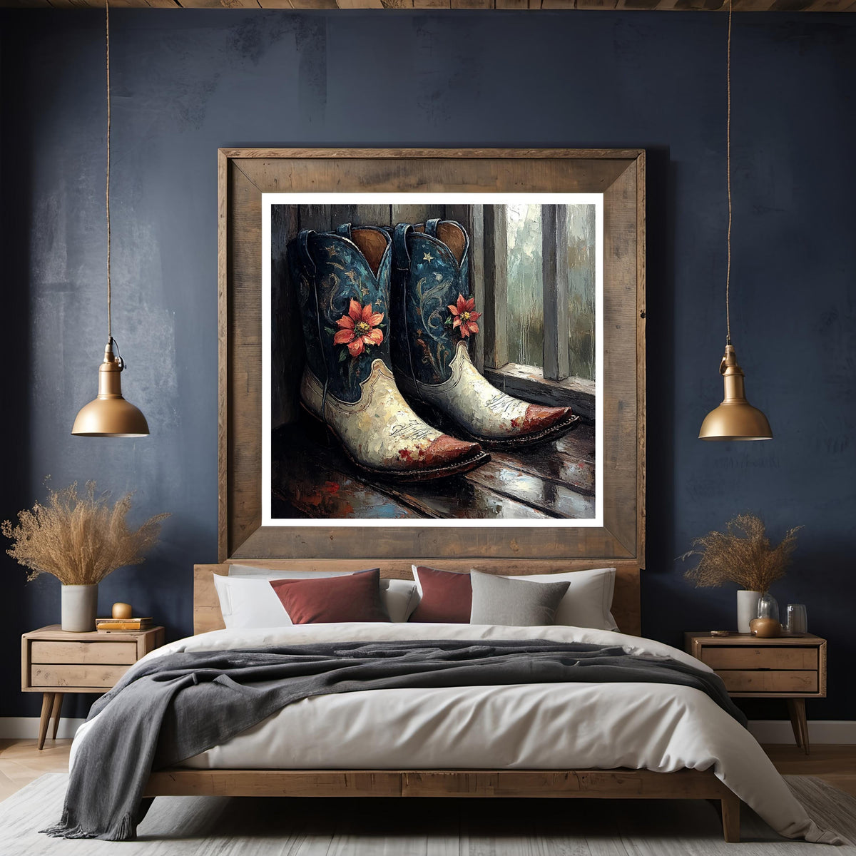 Patriotic Poinsettia Cowboy Boots Wall Art (Digital Download) – Rustic Americana Western Decor