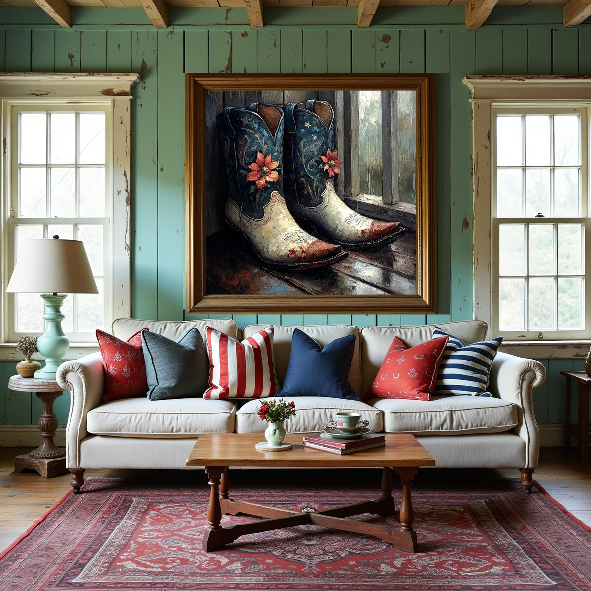 Patriotic Poinsettia Cowboy Boots Wall Art (Digital Download) – Rustic Americana Western Decor