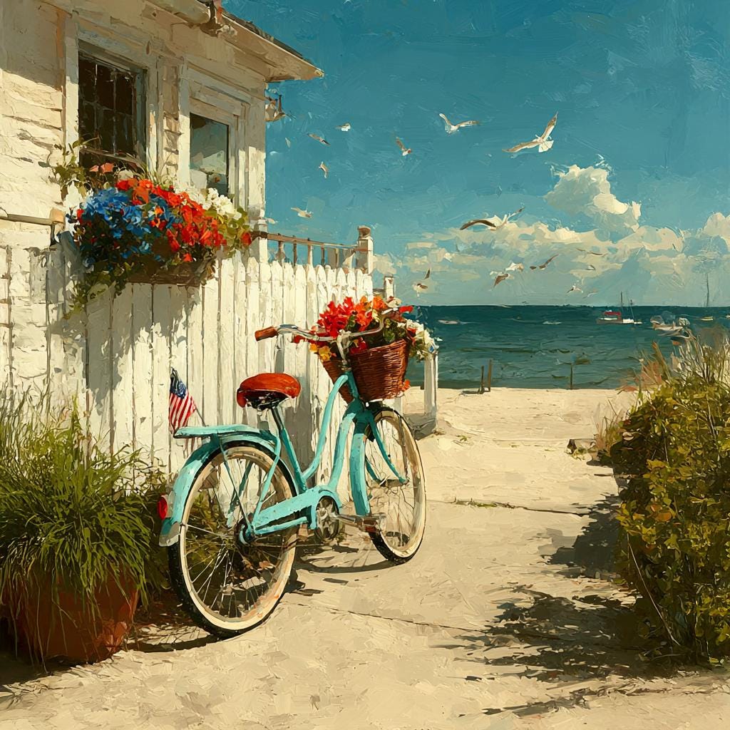 Patriotic Seaside Bicycle Coastal Americana Beach Cottage Floral Art Summer Wall Decor (Digital Download)