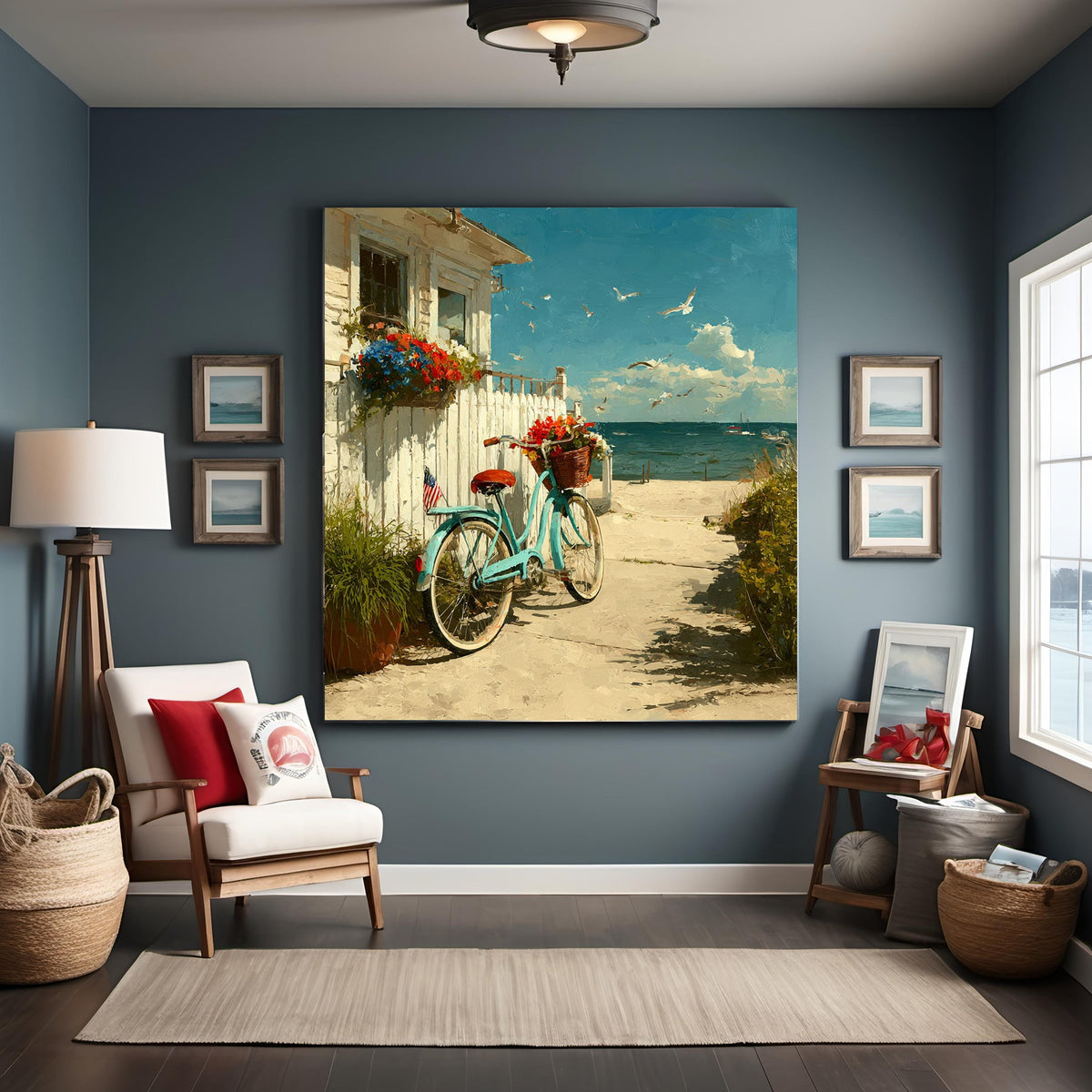 Patriotic Seaside Bicycle Coastal Americana Beach Cottage Floral Art Summer Wall Decor (Digital Download)
