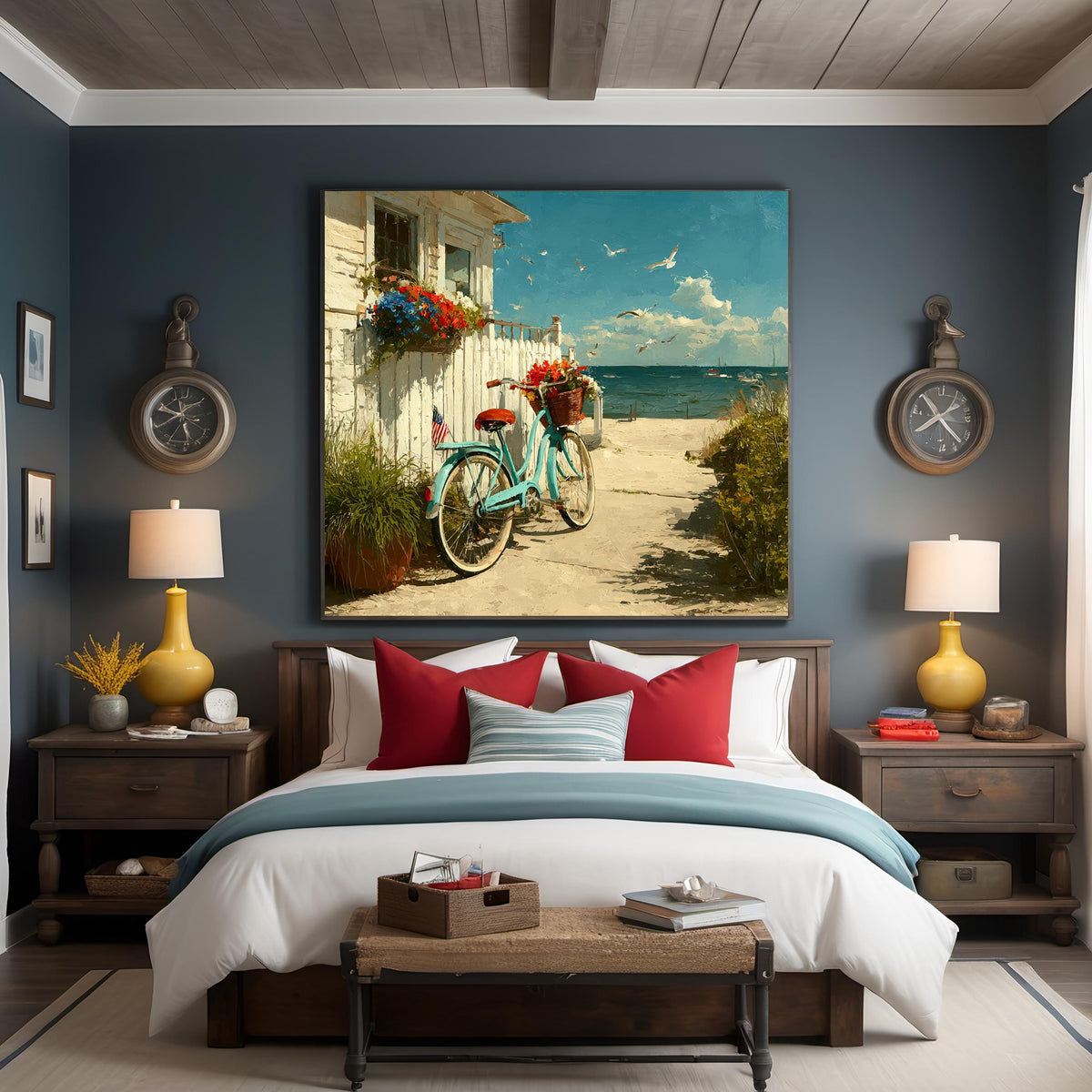 Patriotic Seaside Bicycle Coastal Americana Beach Cottage Floral Art Summer Wall Decor (Digital Download)