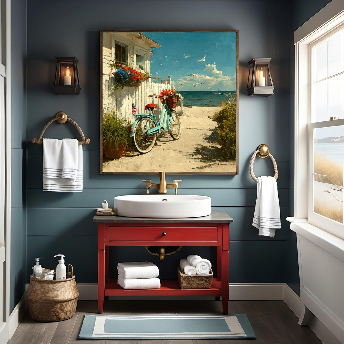 Patriotic Seaside Bicycle Coastal Americana Beach Cottage Floral Art Summer Wall Decor (Digital Download)