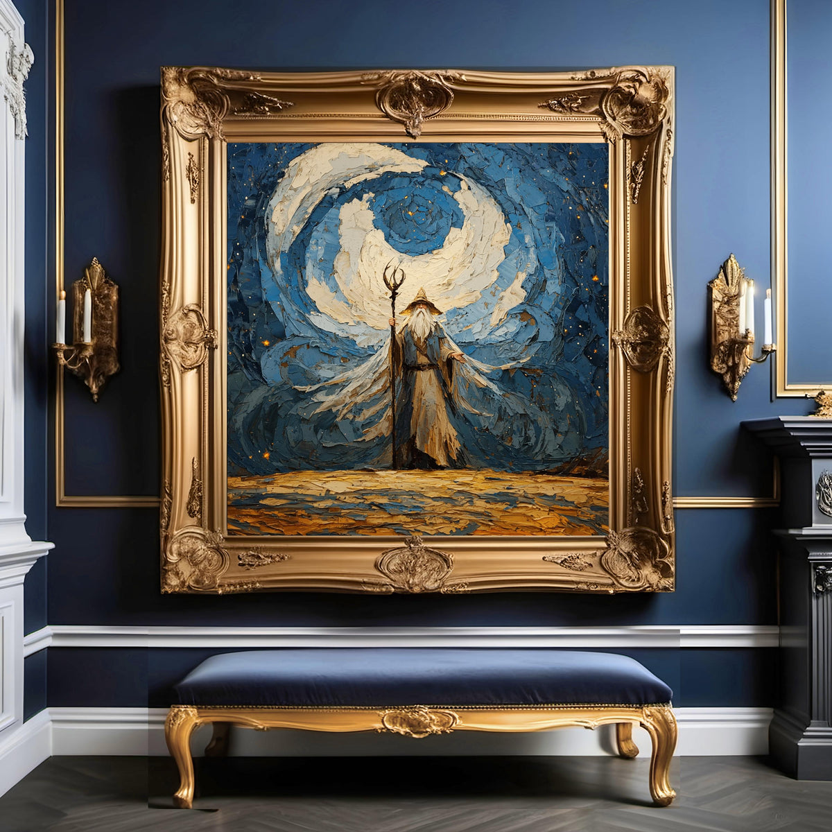 Wizard Wall Art: Mystical Moon Oil Painting, Fantasy Mage Digital Art (Download)