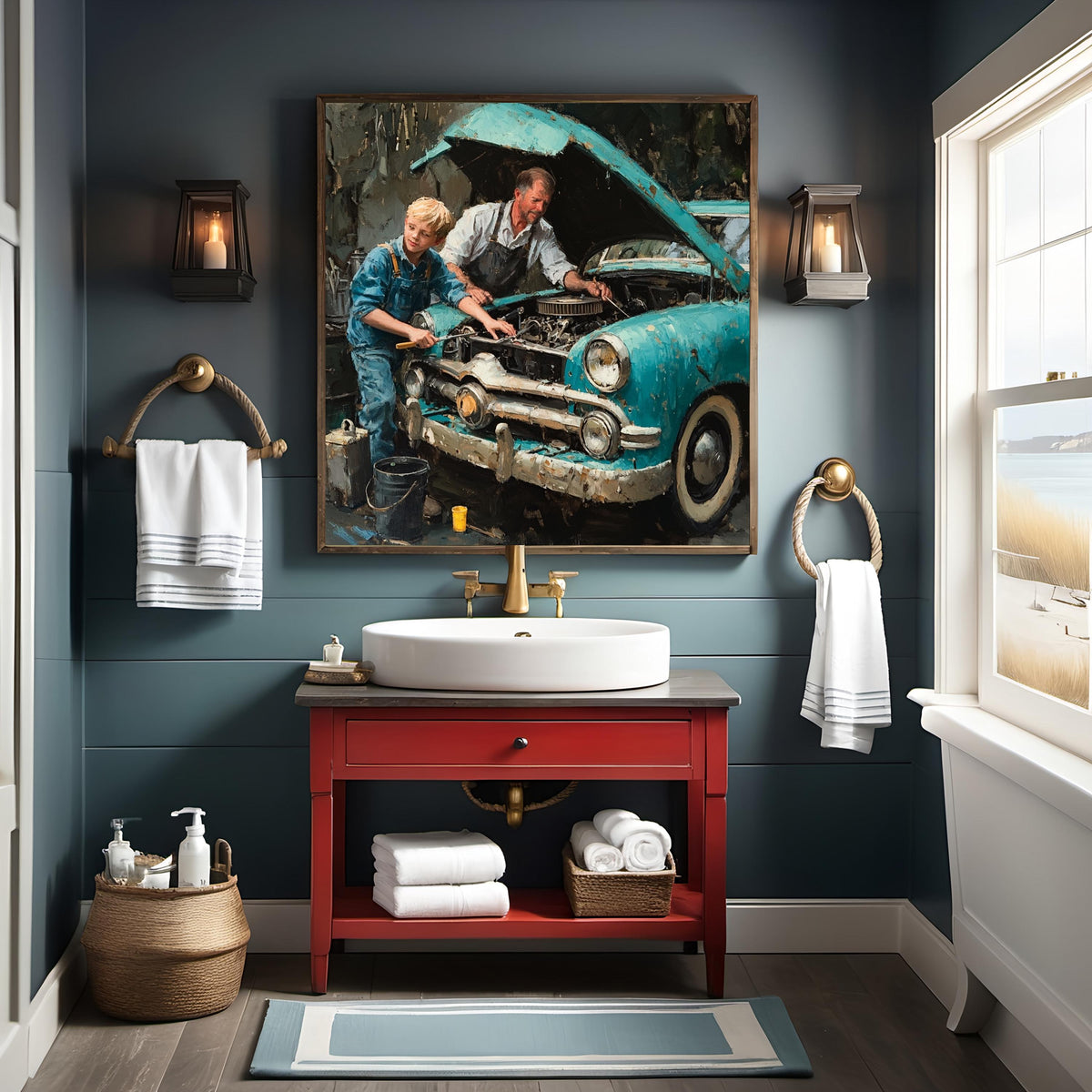 Father Son Oil Painting Art Print: Nostalgic Vintage Car Repair (Digital Download)