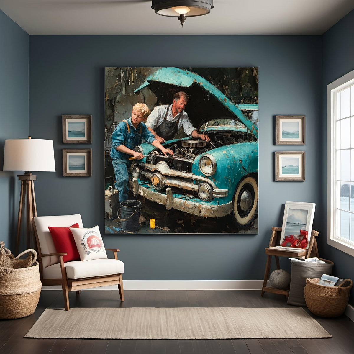 Father Son Oil Painting Art Print: Nostalgic Vintage Car Repair (Digital Download)