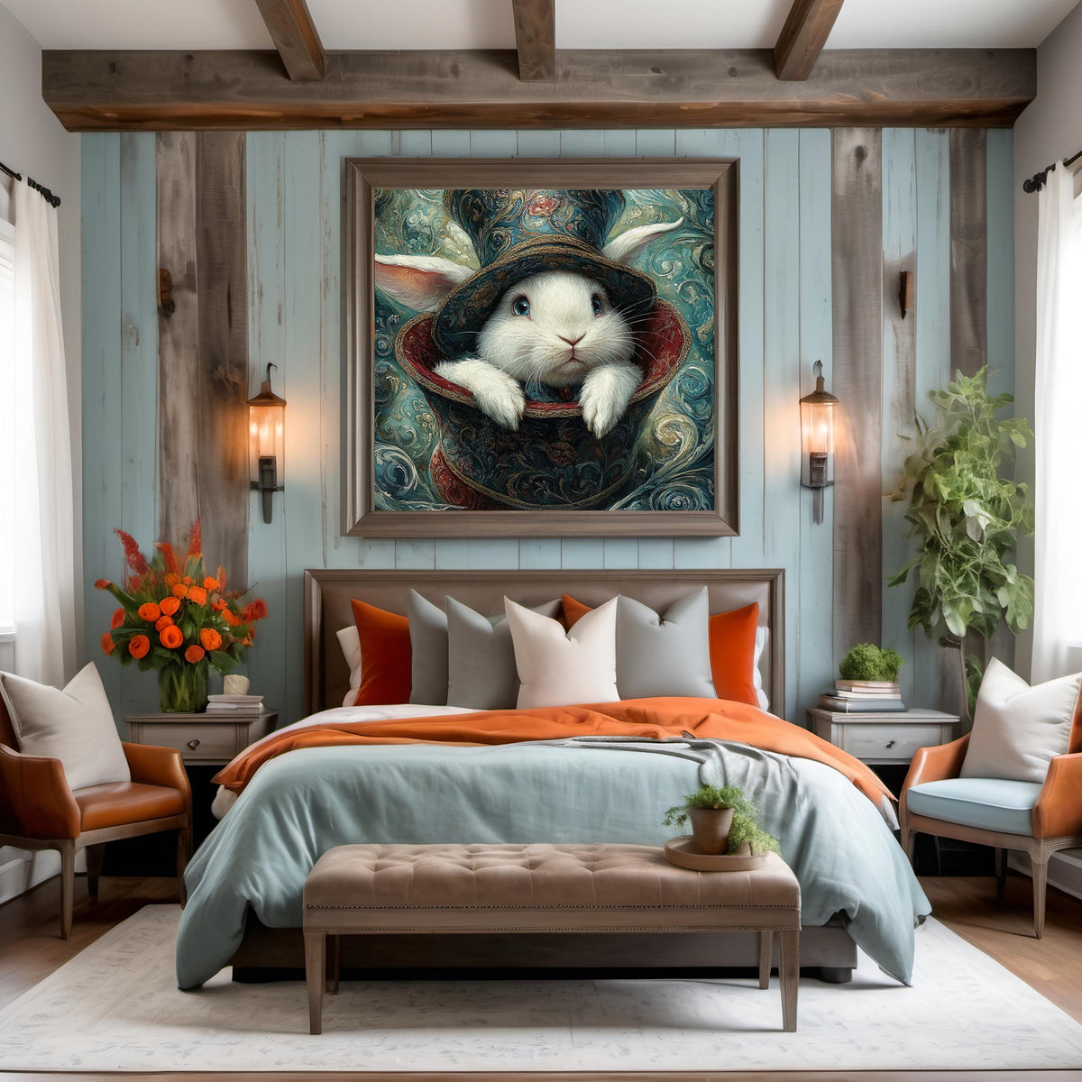 White Rabbit Top Hat Portrait: Art Nouveau Fantasy Animal Wall Art (Digital Download)