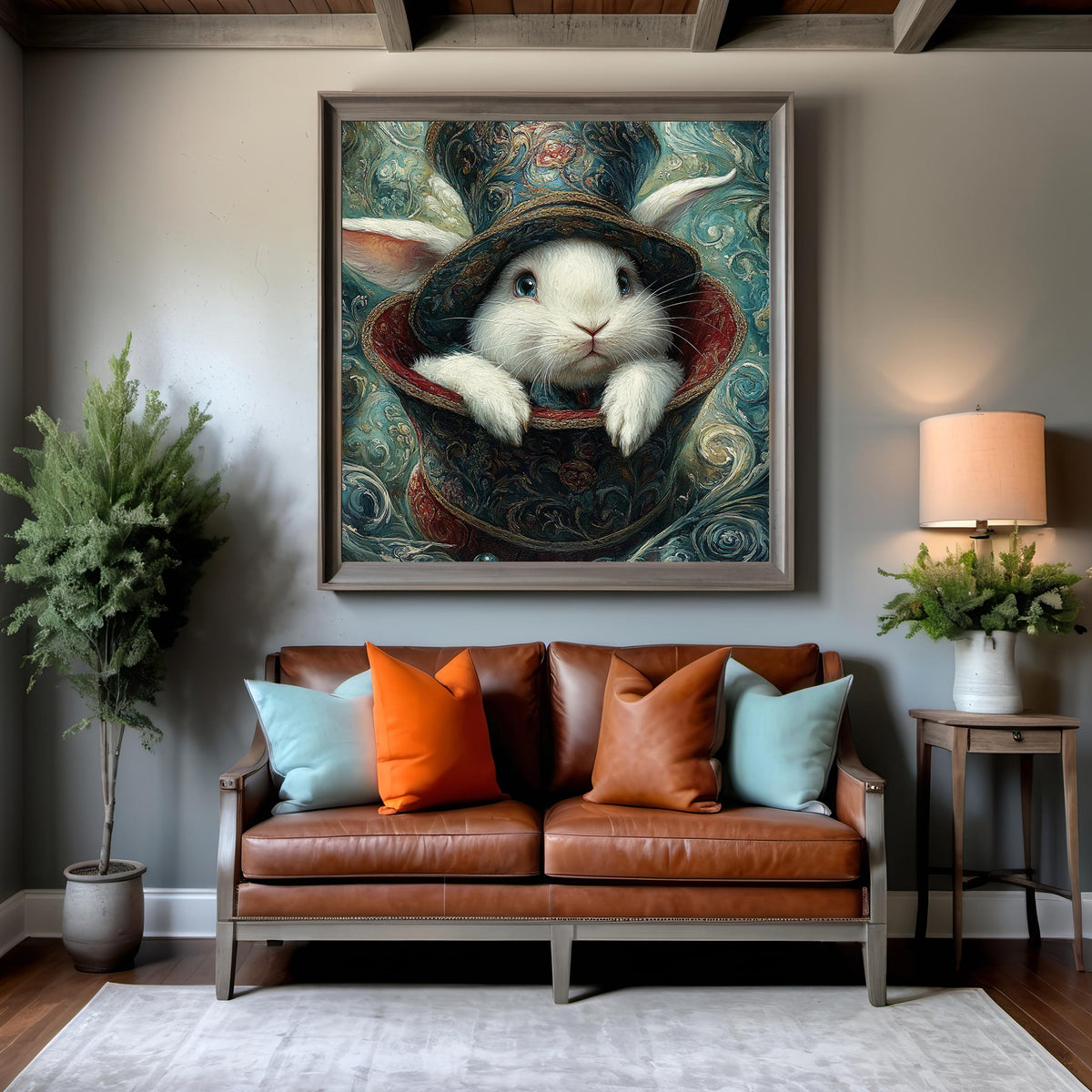 White Rabbit Top Hat Portrait: Art Nouveau Fantasy Animal Wall Art (Digital Download)