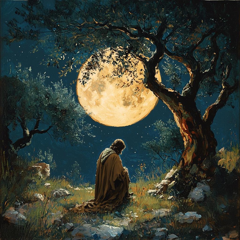 Moonlit Prayer Oil Painting: Spiritual Christian Faith Art (Digital Download)