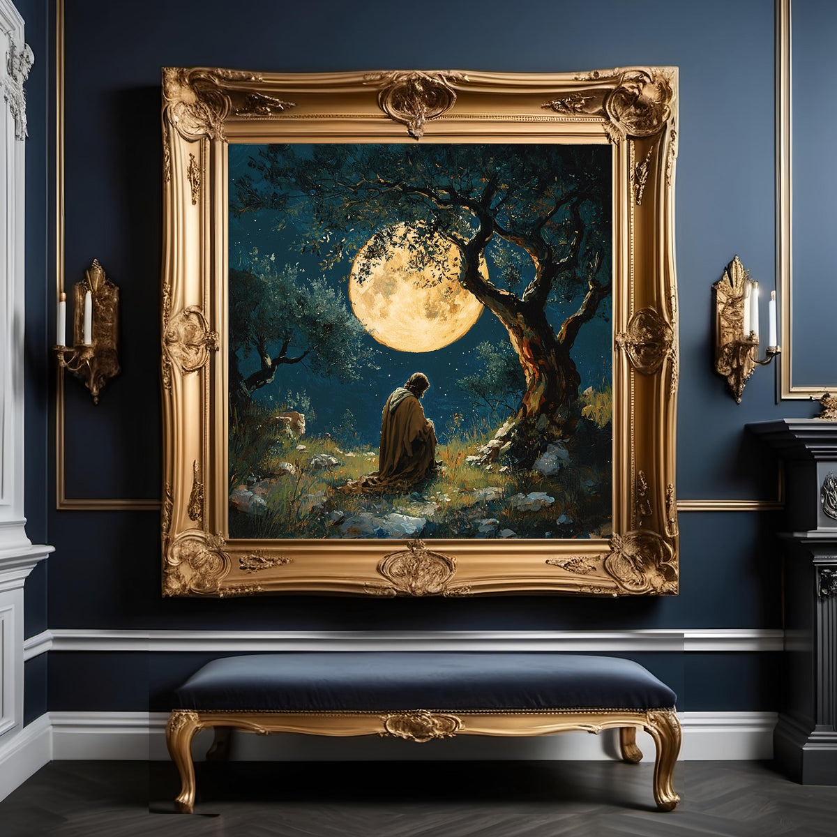 Moonlit Prayer Oil Painting: Spiritual Christian Faith Art (Digital Download)