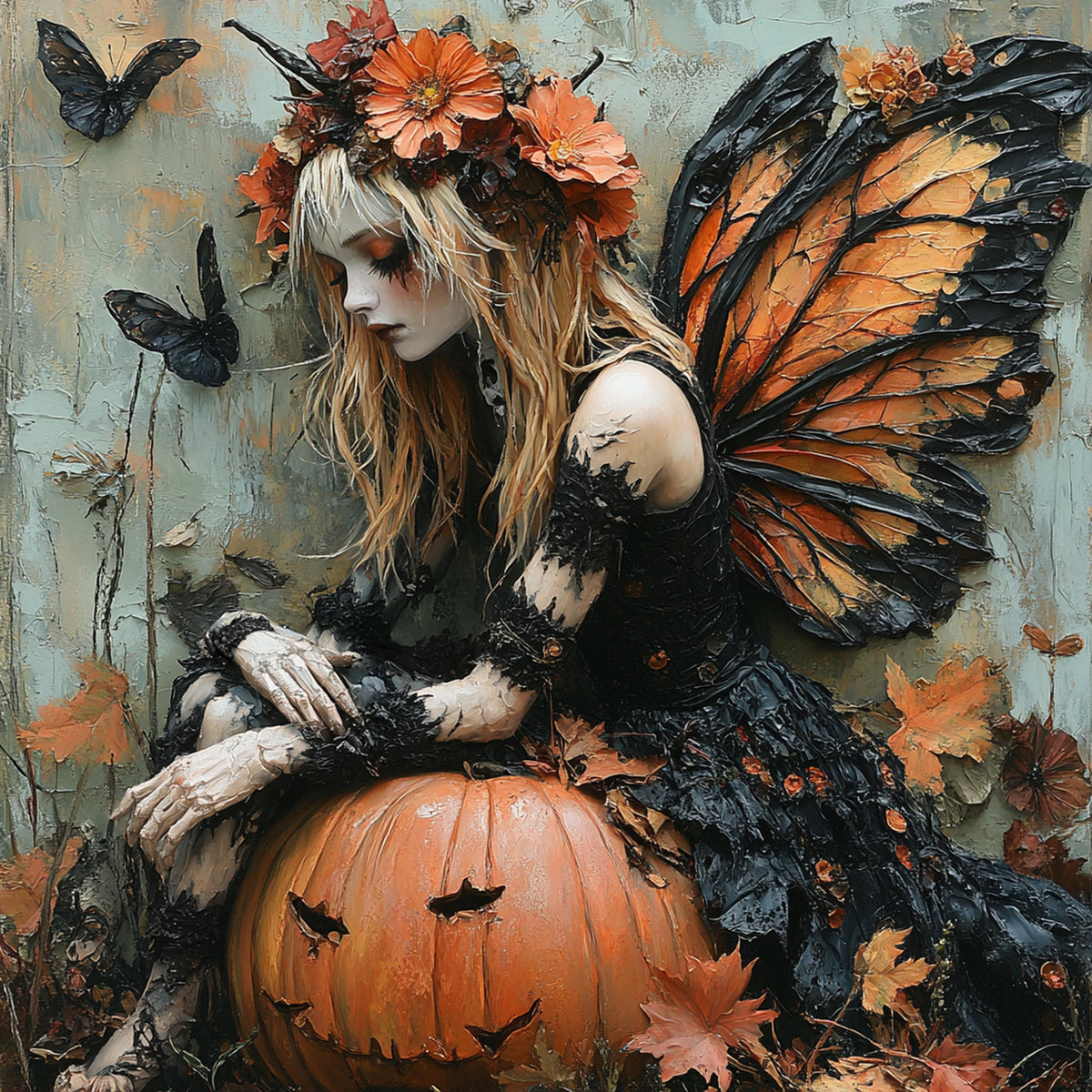 Autumn Monarch Fairy Wall Art Gothic Fairy Pumpkin Fall Fantasy Decor Cottage Halloween Digital Download