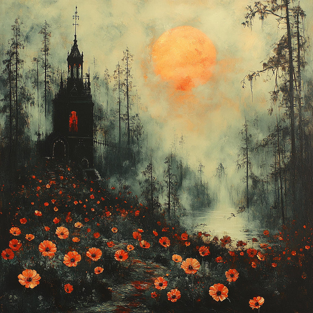 Where the Poppies Remember Gothic Chapel Landscape Haunted Moon Wall Art Digital Download