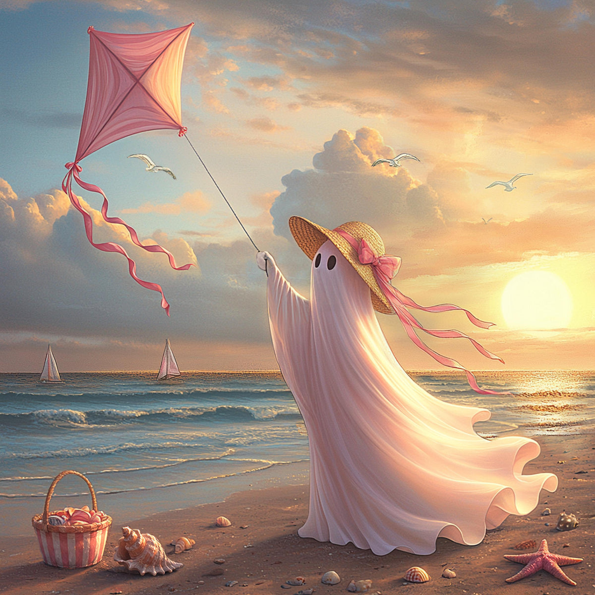 Coral the Ghost Flying a Kite at Sunset Beach Whimsical Coastal Cottage Art (Digital Download)