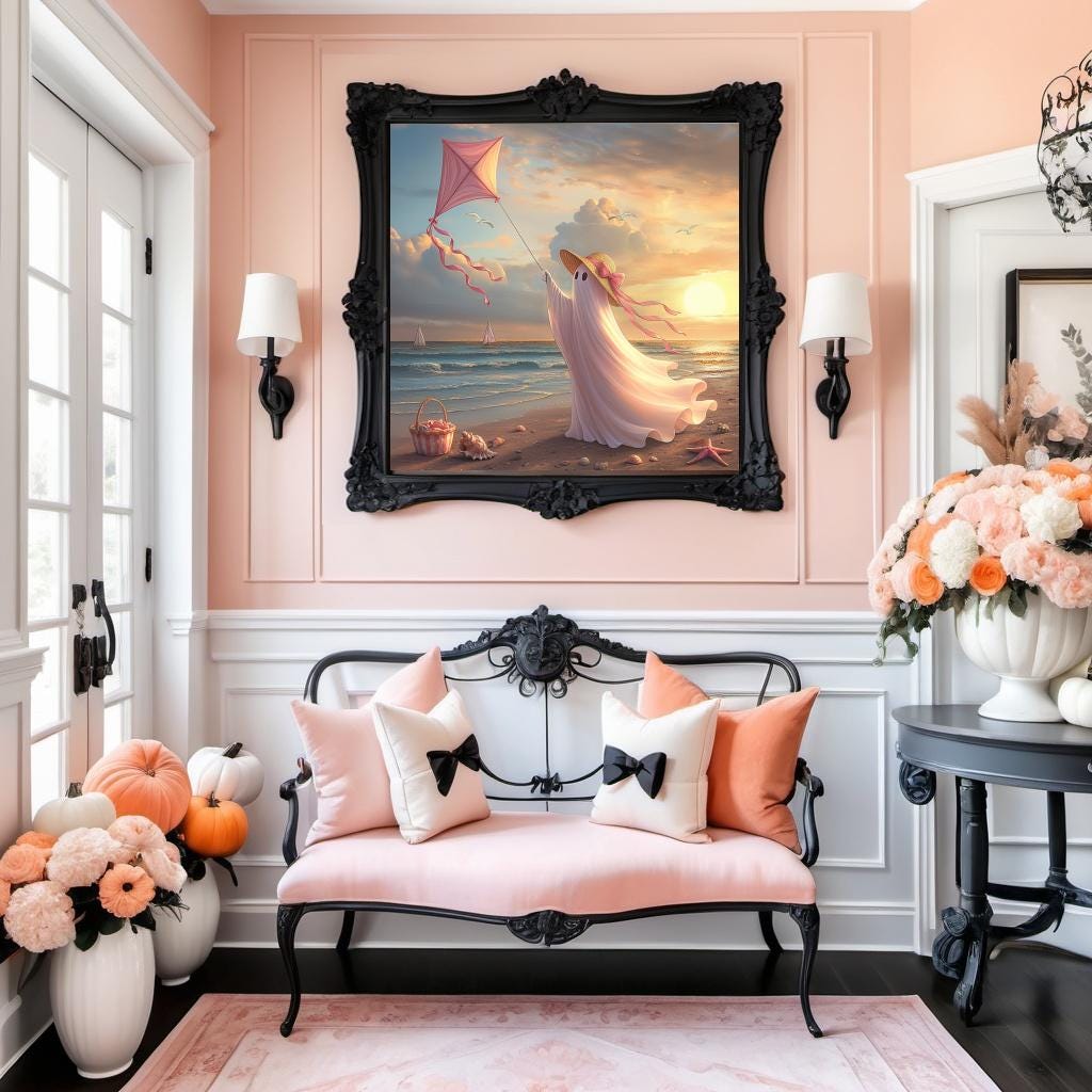 Coral the Ghost Flying a Kite at Sunset Beach Whimsical Coastal Cottage Art (Digital Download)