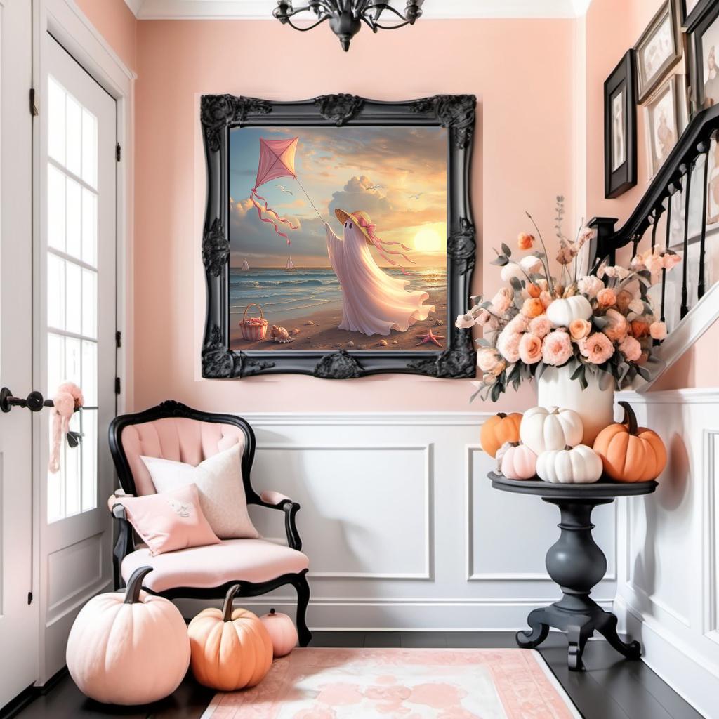 Coral the Ghost Flying a Kite at Sunset Beach Whimsical Coastal Cottage Art (Digital Download)