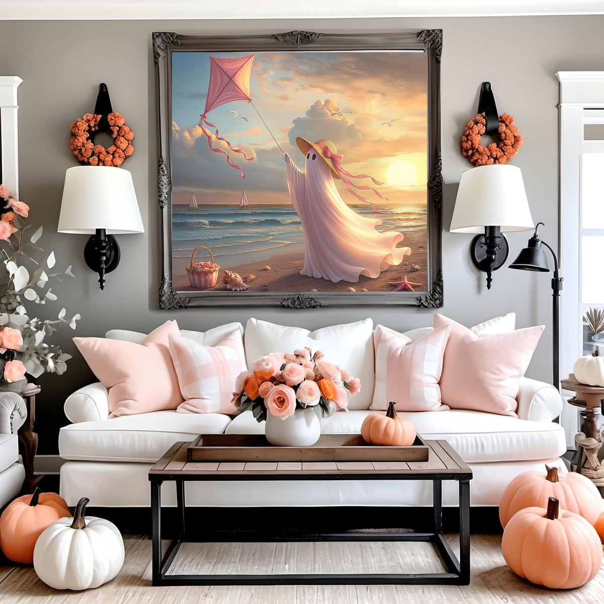 Coral the Ghost Flying a Kite at Sunset Beach Whimsical Coastal Cottage Art (Digital Download)