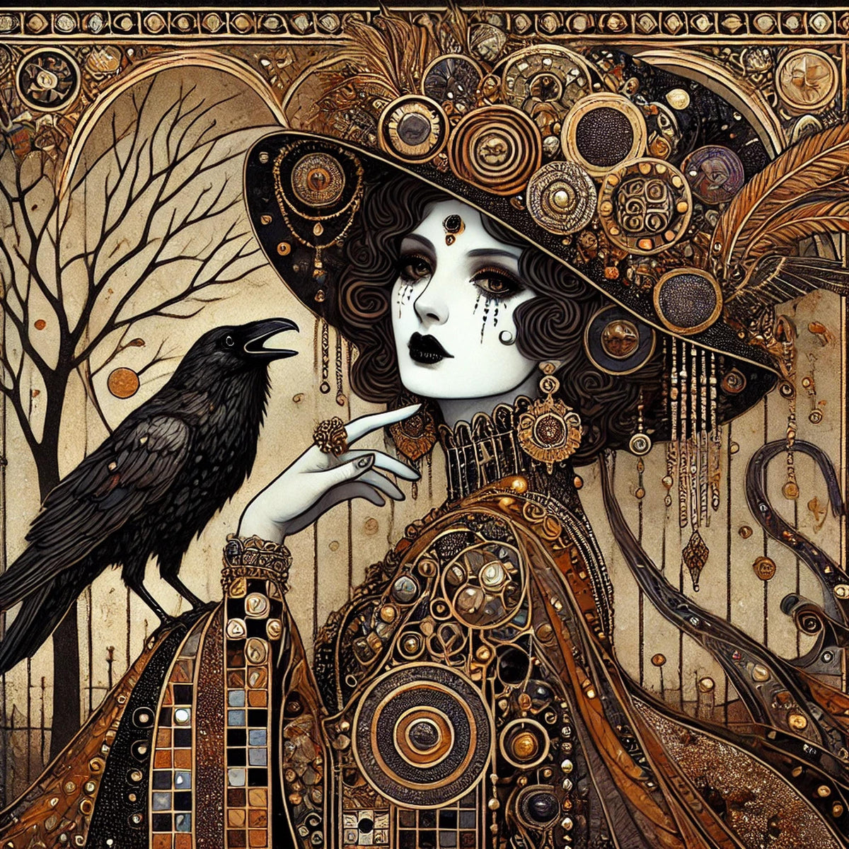 Gilded Raven Witch Klimt inspired gothic woman raven art digital art oil painting vintage home decor dark fantasy wall art