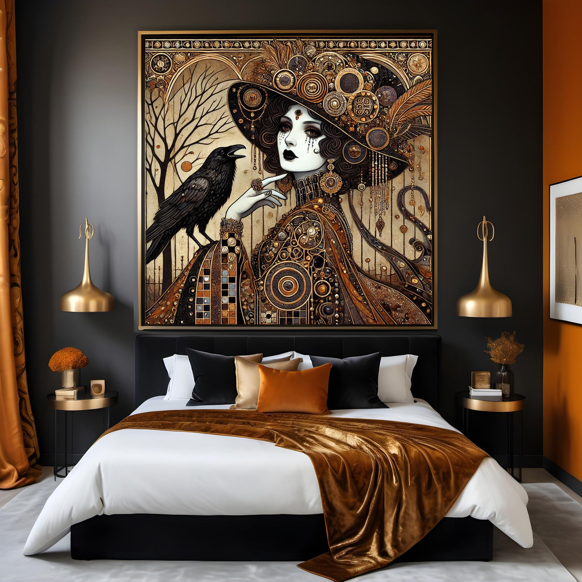 Gilded Raven Witch Klimt inspired gothic woman raven art digital art oil painting vintage home decor dark fantasy wall art