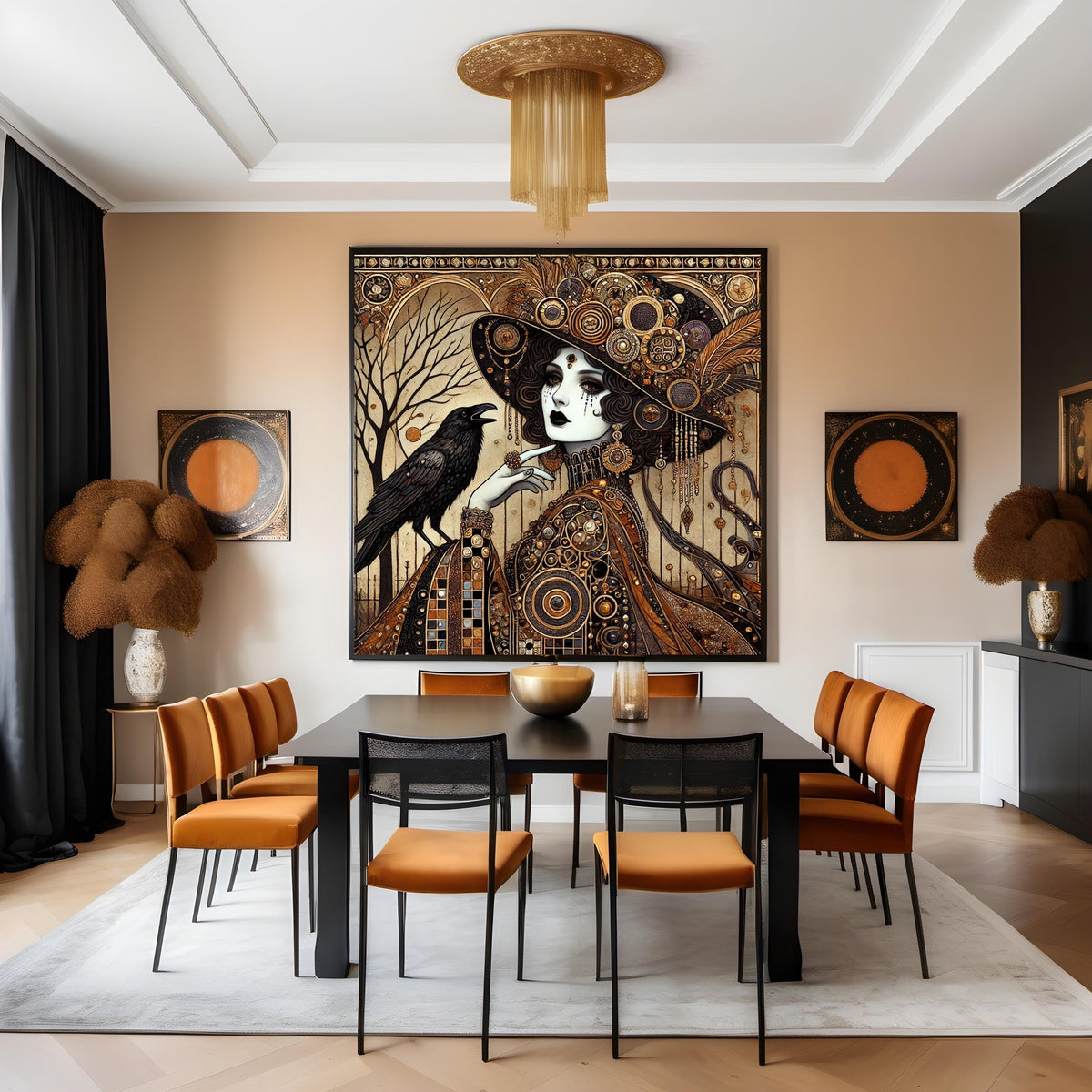 Gilded Raven Witch Klimt inspired gothic woman raven art digital art oil painting vintage home decor dark fantasy wall art